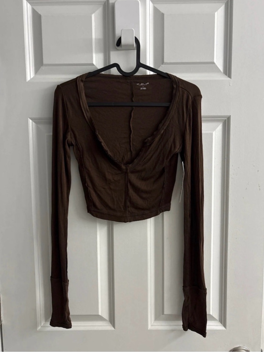 Urban Outfitters Chocolate Brown V-Neck Cropped Long Sleeve Top
